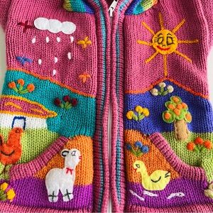 Peruvian Knit Toddler Hoodie Full Zip Colorful Embroidered Animals 2T